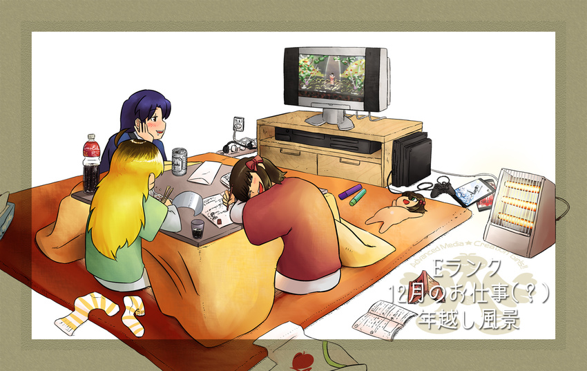 amami_haruka beer_can border can coca-cola doll drooling drunk game_console heater highres hoshii_miki idolmaster idolmaster_(classic) kisaragi_chihaya kotatsu multiple_girls nonowa playstation_2 sleeping socks_removed studying syado table television