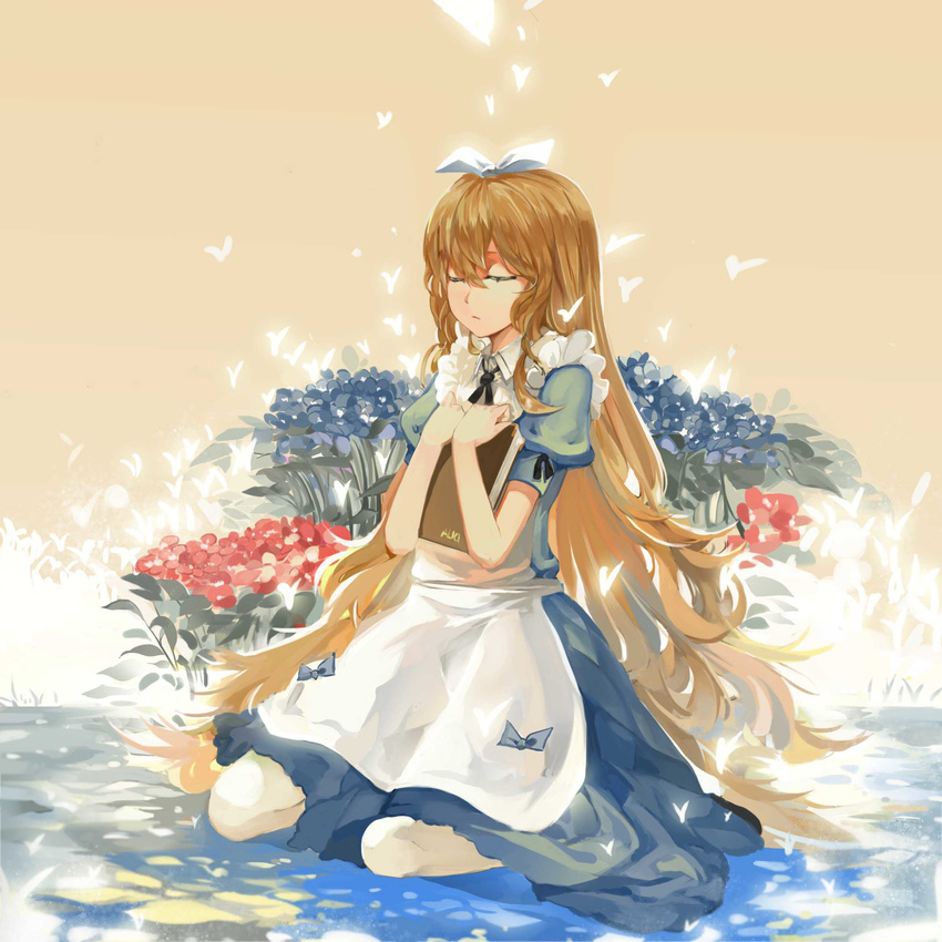 absurdres alice_(wonderland) alice_in_wonderland book bow brown_hair closed_eyes dress highres holding holding_book long_hair looking_at_viewer petals saberiii sitting solo very_long_hair water