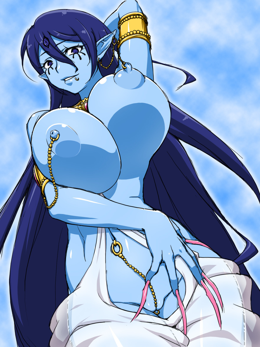 arms_up blue_eyes blue_hair blue_skin breasts chain fingernails genie highres huge_breasts kurojiya linked_piercing lip_piercing long_fingernails long_hair looking_at_viewer looking_down magi_the_labyrinth_of_magic nipple_piercing nipples paimon piercing pointy_ears pussy smile solo third_eye very_long_hair