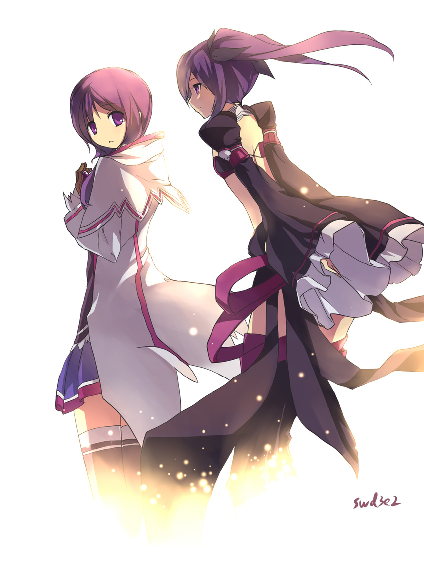 aisha_(elsword) artist_name bad_id bad_pixiv_id bandeau coat dual_persona elemental_master_(elsword) elsword highres long_hair looking_at_another looking_back midriff multiple_girls no_nose purple_eyes purple_hair purple_legwear purple_skirt skirt smile swd3e2 thighhighs twintails void_princess_(elsword) white_background