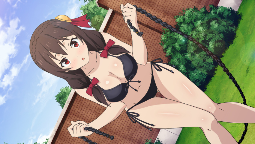 1girl :o anime_coloring ass_visible_through_thighs bikini black_bikini black_ribbon black_rope blue_sky blush bow braid breasts brick_wall brown_hair bush cleavage cloud collarbone cowboy_shot crown_braid dutch_angle front-tie_bikini_top front-tie_top game_asset grass hair_bow highres holding holding_jump_rope jump_rope kono_subarashii_sekai_ni_shukufuku_wo! kono_subarashii_sekai_ni_shukufuku_wo!_kono_yokubukai_game_ni_shinpan_o! large_breasts lens_flare looking_at_viewer low_twintails midriff navel non-web_source official_art on_ground open_mouth outdoors red_bow red_eyes ribbon rope self-datamine side-tie_bikini_bottom sky solo standing swimsuit thigh_gap twintails variant_set yunyun_(konosuba)