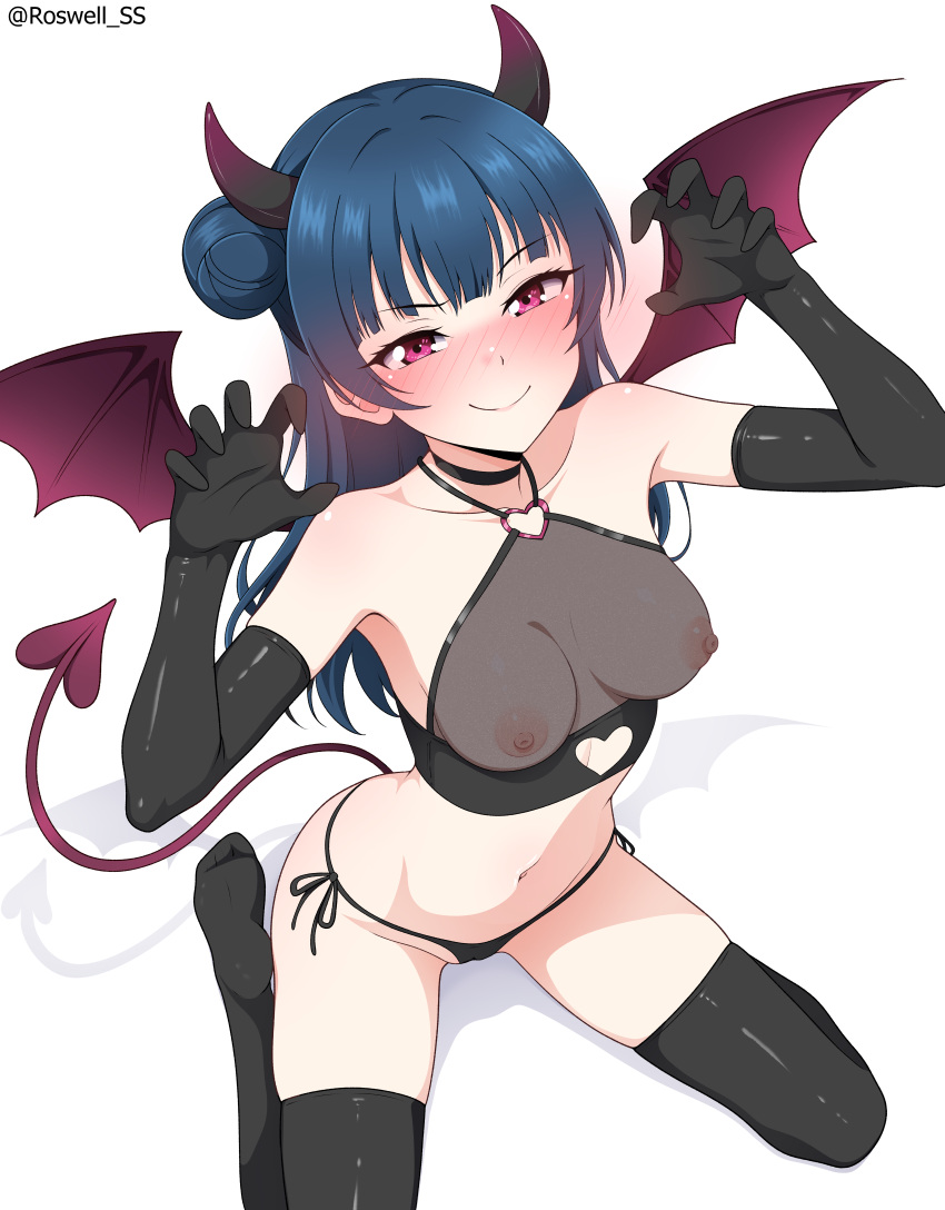 1girl absurdres black_choker black_gloves black_panties black_thighhighs blue_hair blush breasts choker claw_pose closed_mouth commentary_request crop_top demon_horns demon_tail demon_wings elbow_gloves fake_horns fake_tail fake_wings gloves hair_bun halterneck highres horns long_hair looking_at_viewer love_live! love_live!_sunshine!! medium_breasts navel nipples paid_reward_available panties purple_eyes roswell_ss see-through_clothes side-tie_panties single_side_bun sitting smile solo striped_clothes striped_panties tail thighhighs thighs tsushima_yoshiko underwear wariza white_background wings