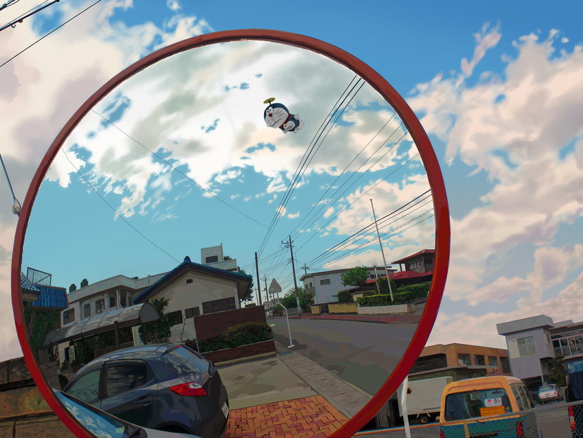 chain-link_fence cloud day doraemon doraemon_(character) fence flying ground_vehicle highres house mirror motor_vehicle no_humans reflection road ryoun sky street takecopter traffic_mirror vanishing_point