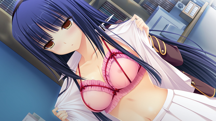 blush bra game_cg hidaka_maiya long_hair nipples open_shirt saimin_yuugi sayori see_through seifuku staffing underwear undressing