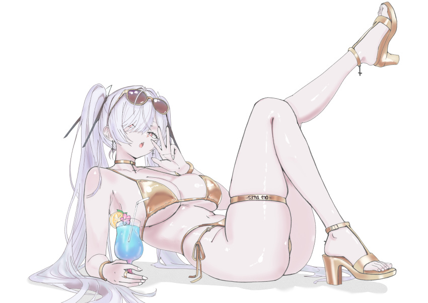 1977_oj3 1girl absurdres bikini bracelet breasts cinderella_(nikke) commentary_request cup drinking_glass drinking_straw english_text eyewear_on_head goddess_of_victory:_nikke gold_bikini gold_choker gold_shoes golden_week heart high_heels highres holding holding_cup jewelry knees_up large_breasts leg_up long_hair looking_at_viewer multi-strapped_bikini_bottom on_floor reclining red_eyes ring shadow shoes side-tie_bikini_bottom solo swimsuit thigh_strap tinted_eyewear twintails very_long_hair waving white_background white_hair