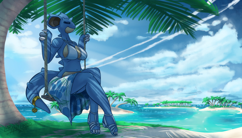 2019 3_fingers 3_toes anthro beach big_breasts bikini bikini_top breasts claws clothed clothing cloud detailed_background eyes_closed female floral footwear horn island jewelry latiar mammal midriff navel necklace nidoqueen nintendo outside palm_tree pok&eacute;mon pok&eacute;mon_(species) pok&eacute;morph sarong sea seaside sitting sky smile solo swimsuit swing tail_jewelry toe_claws toes tree video_games wallpaper water