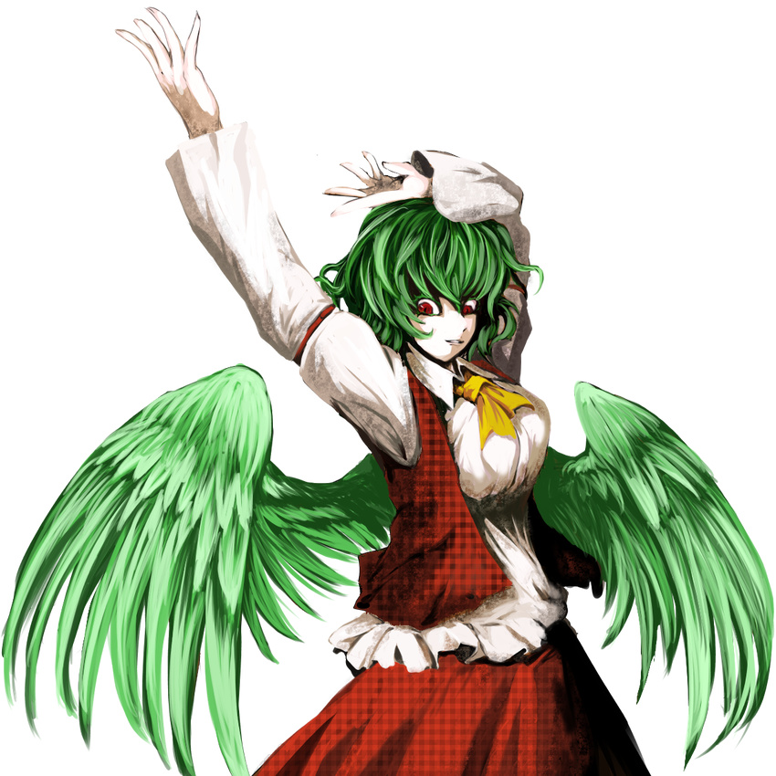 amatou3 arms_up colored_eyelashes feathered_wings green_hair highres kazami_yuuka outstretched_hand plaid plaid_vest red_eyes seihou short_hair slit_pupils solo touhou transparent_background vest wings
