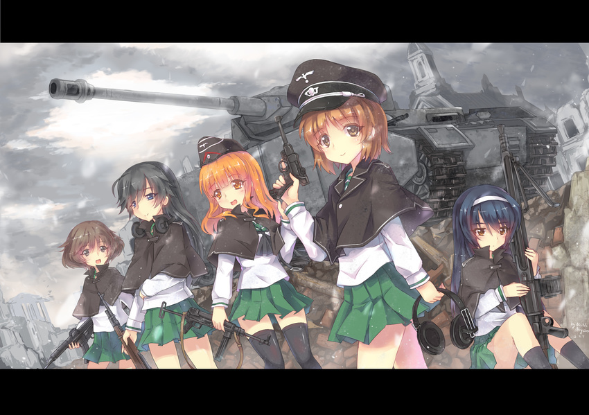 akiyama_yukari assault_rifle bangs black_eyes black_hair black_legwear blouse blue_eyes blunt_bangs bolt_action brown_eyes brown_hair capelet caterpillar_tracks commentary garrison_cap girls_und_panzer green_skirt ground_vehicle gun hair_between_eyes hairband handgun hat headphones highres holding isuzu_hana letterboxed long_hair long_sleeves looking_at_viewer luger_p08 machine_gun mauser_98 messy_hair mg42 military military_vehicle miniskirt motor_vehicle mp40 multiple_girls neckerchief nishizumi_miho north_abyssor ooarai_school_uniform orange_eyes orange_hair panzerkampfwagen_iv peaked_cap pistol pleated_skirt reizei_mako rifle school_uniform serafuku short_hair sitting skirt socks stg44 submachine_gun takebe_saori tank thighhighs weapon white_background white_blouse zettai_ryouiki