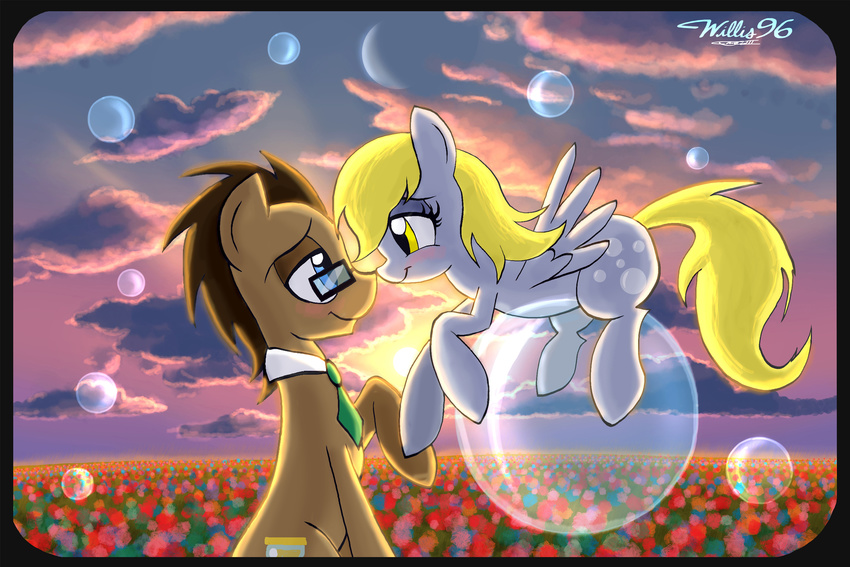 blonde_hair blue_eyes blush bubble bubbles cloud couple cutie_mark derpy_hooves_(mlp) doctor_whoof_(mlp) doctor_whooves_(mlp) duo equine eye_contact eyewear female feral flower friendship_is_magic glasses hair horse mammal moon my_little_pony necktie nose_kiss outside pegasus pony sky sunset willis96 wings yellow_eyes