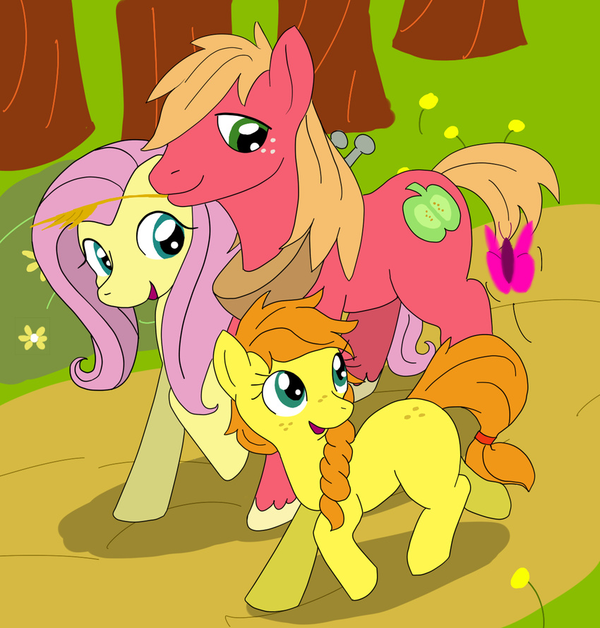 arthropod big_macintosh_(mlp) blonde_hair butterfly colt couple cub cutie_mark equine euqine family female feral fluttershy_(mlp) freckles friendship_is_magic fur green_eyes hair hooves horse insect male mammal my_little_pony orange_fur orange_hair original_character orignal_character outside pegasus pink_hair pony red_fur red_fure walking wings yellow_fur yoke young