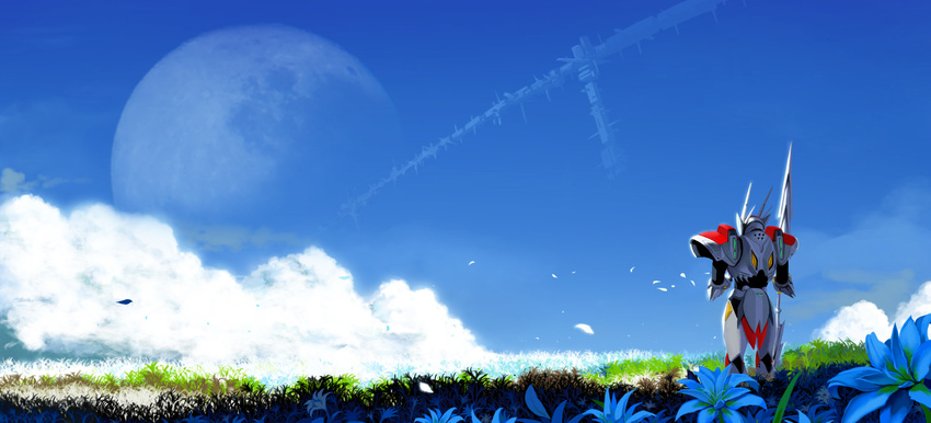 1boy 70s double-blade field flower from_behind highres lance long_image male male_focus moon oldschool polearm scenery sky solo space_station spear tatsunoko_production tekkaman_(character) uchuu_no_kishi_tekkaman weapon wide_image zerogyakuten