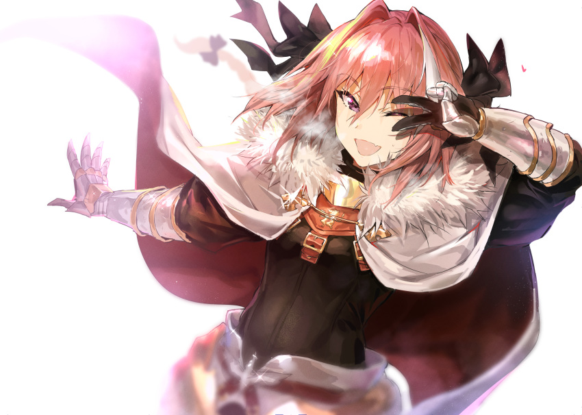 all_male armor astolfo bow cape fang fate/grand_order fate_(series) gloves long_hair male pink_hair ponytail purple_eyes shiroinuchikusyo trap wink