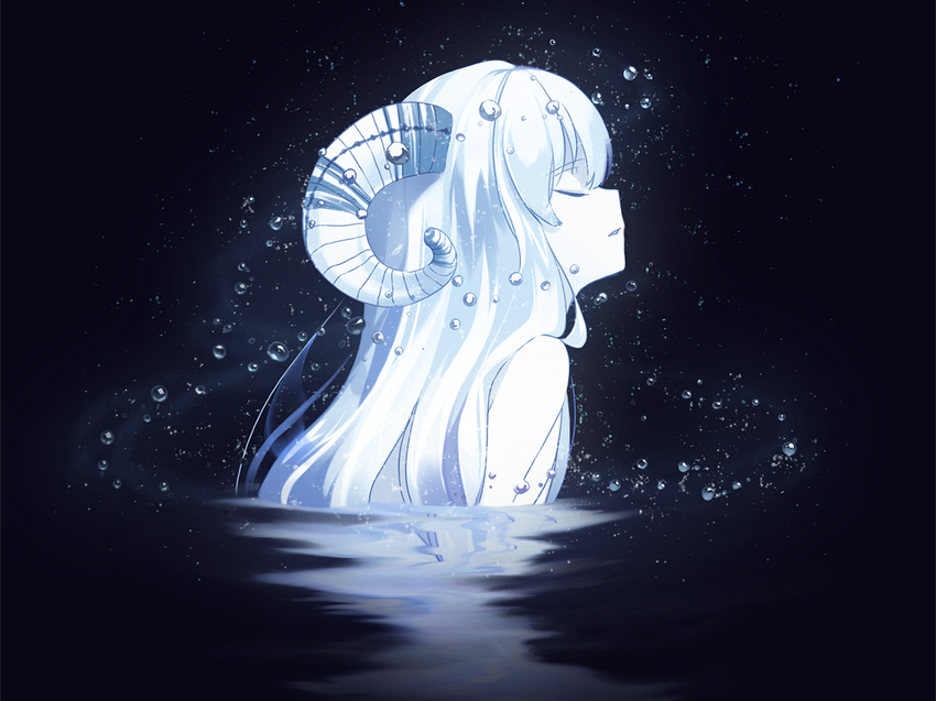blue_hair bubble closed_eyes horns kushibi long_hair original profile solo wading water