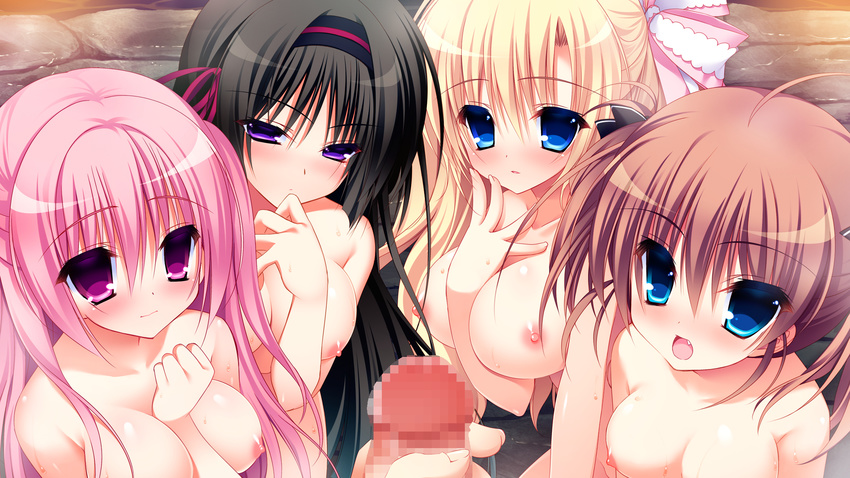 :d bathing black_hair blonde_hair blue_eyes breasts brown_hair censored collarbone fang game_cg hair_ribbon half-closed_eyes harem highres hoshizuki_sora kanadome_miyako kuchifusa_yogiri large_breasts long_hair looking_at_viewer medium_breasts mekami_suzu mosaic_censoring multiple_girls nanaka_mai nipples nude open_mouth partially_submerged penis pink_eyes pink_hair pure_girl purple_eyes ribbon short_hair smile upper_body water