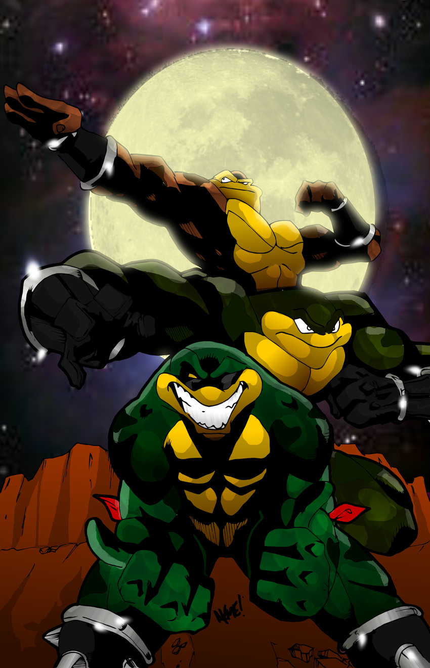 akmetoons amphibian anthro battletoads biceps eyewear flexing full_moon male moon muscles night outside pecs pimple pimple_(battletoads) rash rash_(battletoads) sunglasses toad video_games zitz zitz_(battletoads)