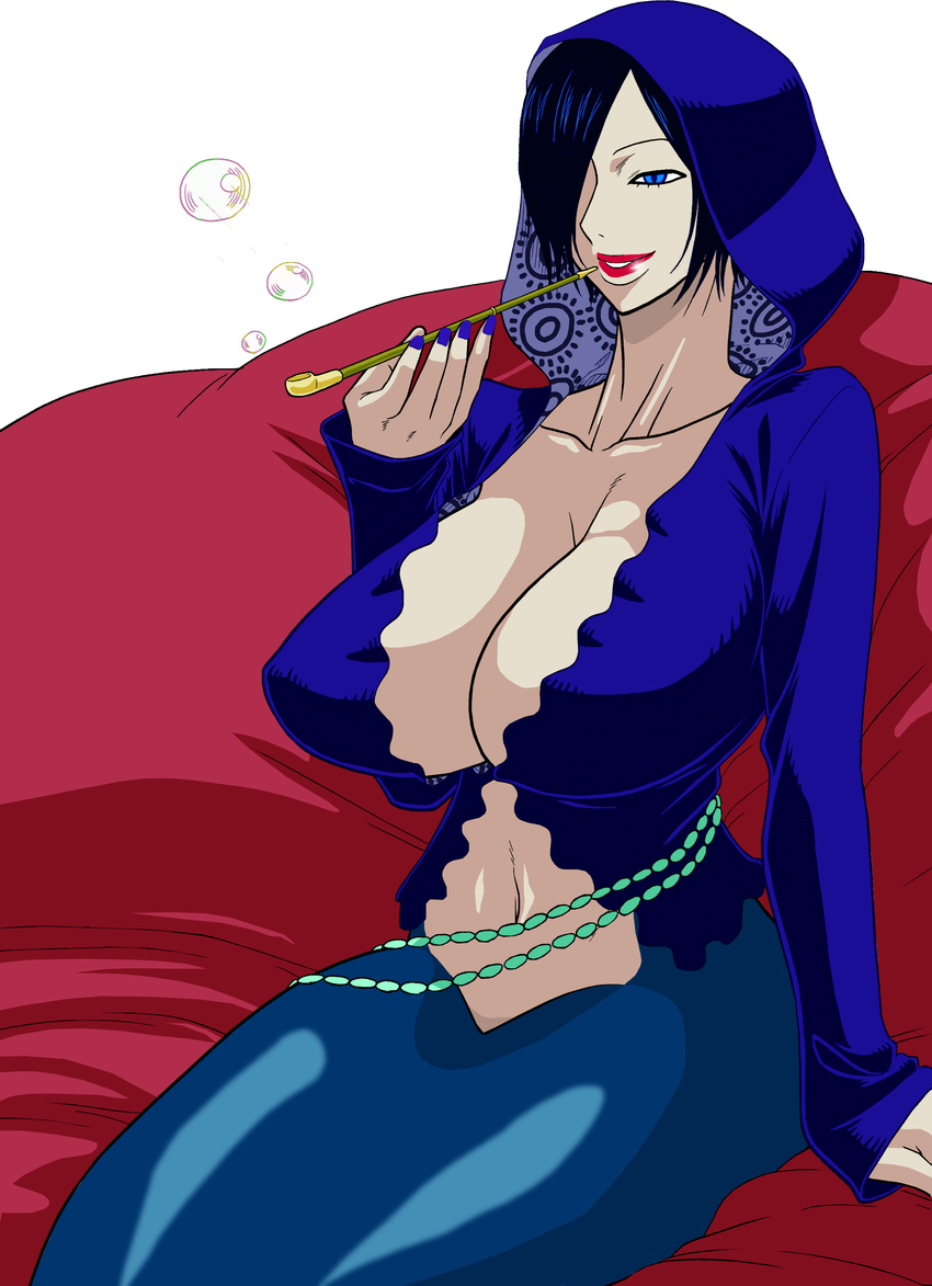 1girl absurdres beads black_hair blue_eyes breasts bubble bubbles cleavage couch curvy female fishman_island giantess grin hair_over_one_eye highres hood hoodie huge_breasts jewelry kiseru lips lipstick long_sleeves madame_shirley makeup mermaid monster_girl murata nail_polish naughty_face navel no_bra one_piece pale_skin pipe red_upholstery short_hair simple_background sitting slit_pupils smile smirk smoking smoking_pipe solo white_background