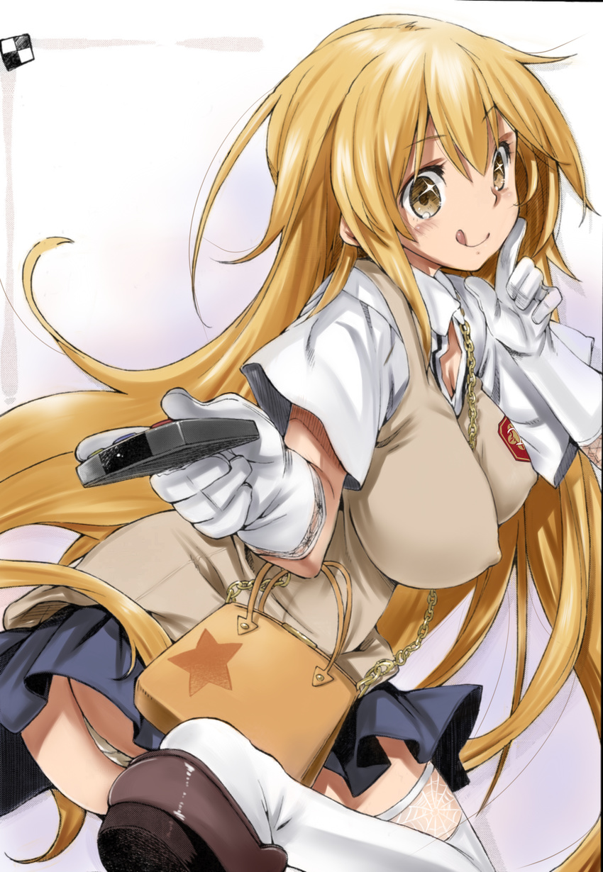 1girl :q bag between_breasts blonde_hair breasts brown_eyes chain colorized controller covered_nipples detexted finger_to_face gloves handbag highres impossible_clothes impossible_shirt kokonoka lace lace-trimmed_gloves lace-trimmed_thighhighs large_breasts leg_lift loafers long_hair panties pantyshot pantyshot_(standing) remote_control school_uniform shirt shoe_dangle shoes shokuhou_misaki skirt solo standing star strap_cleavage sweater_vest symbol-shaped_pupils thighhighs third-party_edit to_aru_kagaku_no_railgun to_aru_majutsu_no_index tongue tongue_out underwear upskirt very_long_hair white_gloves white_legwear white_panties