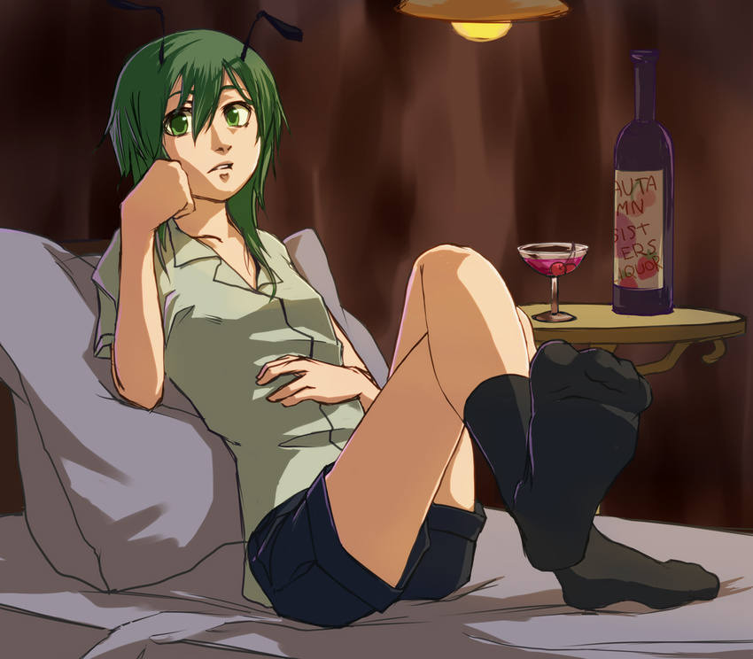 amayadori-tei antennae bed black_legwear bottle chin_rest crossed_legs glass green_eyes green_hair kneehighs looking_at_viewer on_bed parted_lips pillow short_hair shorts sitting sitting_on_bed solo teenage touhou wriggle_nightbug