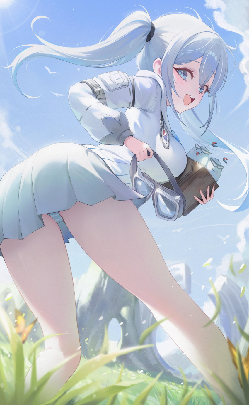 1girl absurdres arahashi_tabi arahashi_tabi_(1st_costume) bent_over blue_eyes blue_hair blurry blurry_foreground box breasts cloud cloudy_sky commentary from_behind from_below goggles grass grey_skirt highres holding holding_box holding_goggles iozikn jacket long_hair long_sleeves looking_at_viewer looking_back magnet medium_breasts medium_hair open_mouth panties pantyshot pleated_skirt pungdangi_(arahashi_tabi) shirt skirt sky solo stellive striped_clothes striped_panties teeth twintails underwear unworn_goggles upper_teeth_only virtual_youtuber white_jacket white_shirt