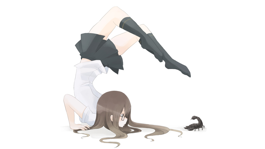 brown_eyes brown_hair glasses long_hair original socks tansuke upside_down