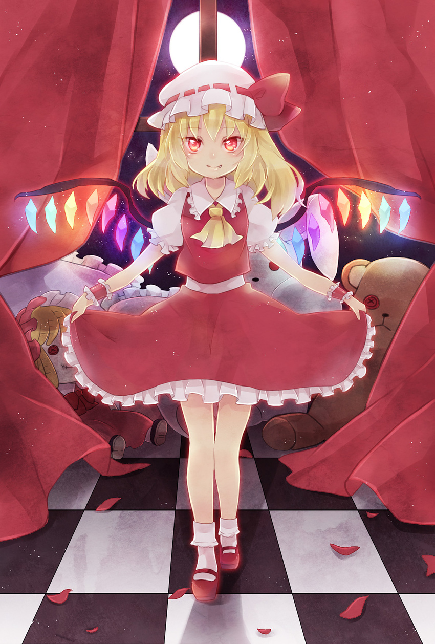 ascot blonde_hair bobby_socks bow button_eyes checkered checkered_floor curtsey doll fang flandre_scarlet full_moon hat hat_bow highres mary_janes moon night night_sky petals red_eyes shoes short_hair side_ponytail skirt skirt_hold skirt_set sky smile socks solo stuffed_animal stuffed_bunny stuffed_toy teddy_bear touhou wings wrist_cuffs yuya_(oshidori)