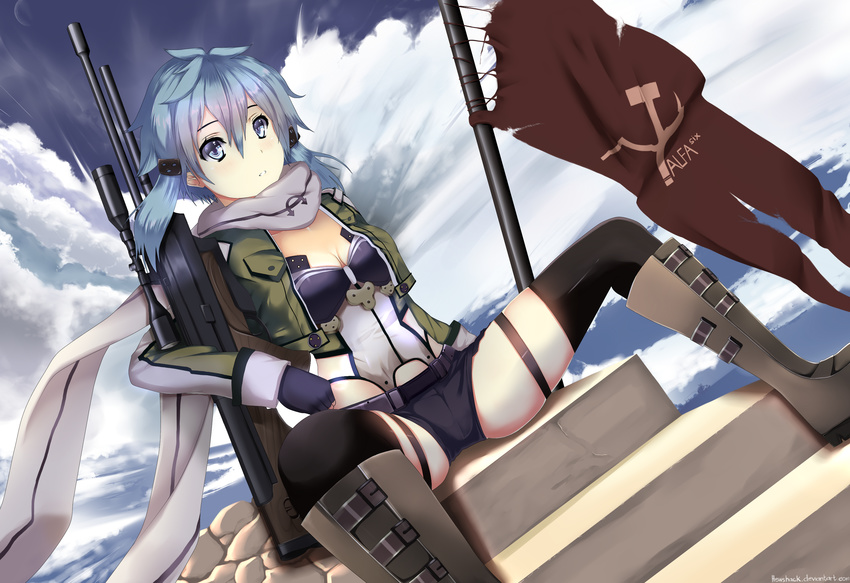 black_legwear blue_hair boots breasts cleavage commentary dutch_angle flag gun hammer_and_sickle hews_hack highres knee_boots md5_mismatch medium_breasts rifle self_upload short_shorts shorts sinon sitting sniper_rifle solo spread_legs sword_art_online thighhighs vest weapon