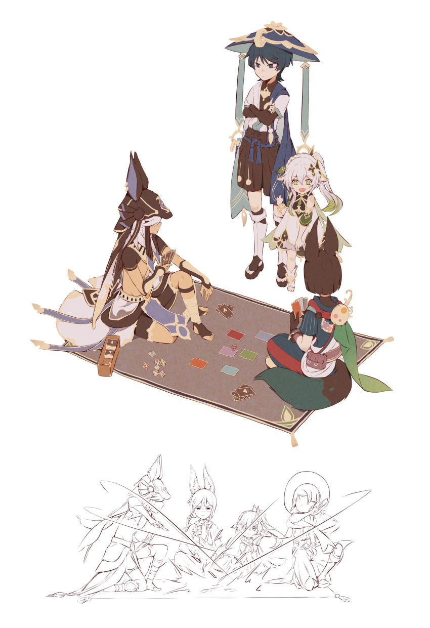 1girl 3boys :> absurdres animal_ear_hood animal_ears anklet armlet asymmetrical_sidelocks belt black_bodysuit black_bow black_bridal_gauntlets black_eyes black_hair black_hood black_hoodie black_pants black_sandals black_shorts black_shrug bloomers blue_cape blue_hat blue_jingasa blue_kimono blue_rope blue_sash blue_sleeves blunt_ends bodysuit bow braid bridal_gauntlets cape cape_grab card card_holster carpet choppy_bangs closed_mouth clothes_grab colored_tips commentary cross-shaped_pupils crossed_arms cyno_(genshin_impact) dark-skinned_male dark_skin detached_sleeves dice dress earrings english_commentary eyeliner facing_another feathers fox_ears fox_tail fringe_trim full_body furisode furrowed_brow genius_invokation_tcg genshin_impact gold gold_anklet gold_armlet gold_belt gold_earrings gold_trim green_cape green_eyes green_hair green_sleeves green_tail hair_between_eyes hair_ornament hakama hakama_shorts half_crown_braid halo halo_behind_head hand_on_own_arm hat heart heart_hair_ornament highres holding holding_card hood hoodie indian_style jackal_ears japanese_clothes jewelry jingasa juban kimono layered_sleeves leaf leaf_hair_ornament leg_warmers long_hair looking_at_another makeup mandarin_collar multicolored_hair multiple_boys nahida_(genshin_impact) okobo on_one_knee open_clothes open_kimono pants platform_sandals pleated_shorts pointing pointing_at_object pointy_ears pom_pom_(clothes) popiahpot red_eyeliner red_trim rope royal_ease sandals sash scaramouche_(genshin_impact) sequential shaded_face short_sleeves shorts shrug_(clothing) side_cape side_ponytail sidelocks sitting smile socks standing stirrup_legwear streaked_hair sweatdrop symbol-shaped_pupils tail tassel tighnari_(genshin_impact) toeless_legwear toeless_socks toes tunic usekh_collar wanderer_(genshin_impact) white_bloomers white_dress white_hair white_kimono white_leg_warmers white_sleeves white_socks white_tunic yellow_feathers yellow_pupils