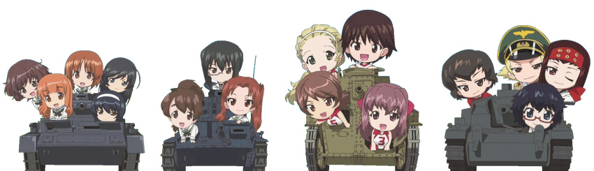 ahoge akiyama_yukari animated animated_gif bandana bangs black_eyes black_hair blonde_hair blouse blunt_bangs bow brown_eyes brown_hair brown_jacket caesar_(girls_und_panzer) caterpillar_tracks chibi enter_enter_mission! erwin_(girls_und_panzer) girls_und_panzer glasses goggles goggles_on_headwear ground_vehicle gym_shirt gym_uniform hair_between_eyes hair_bow hair_ornament hair_ribbon hairband haori hat headband highres isobe_noriko isuzu_hana jacket japanese_clothes kadotani_anzu kawanishi_shinobu kawashima_momo kondou_taeko koyama_yuzu long_hair long_sleeves messy_hair military military_uniform military_vehicle monocle motor_vehicle multiple_girls neckerchief nishizumi_miho non-web_source one_eye_closed ooarai_school_uniform open_mouth orange_eyes orange_hair oryou_(girls_und_panzer) panzerkampfwagen_38(t) panzerkampfwagen_iv parted_bangs peaked_cap red-framed_eyewear red_hair reizei_mako ribbon saemonza sasaki_akebi scarf school_uniform screencap semi-rimless_eyewear serafuku shirt short_hair short_ponytail short_sleeves sleeveless sleeveless_shirt smile sportswear sturmgeschutz_iii takebe_saori tank transparent_background twintails type_89_i-gou under-rim_eyewear uniform volleyball_uniform white_blouse white_shirt