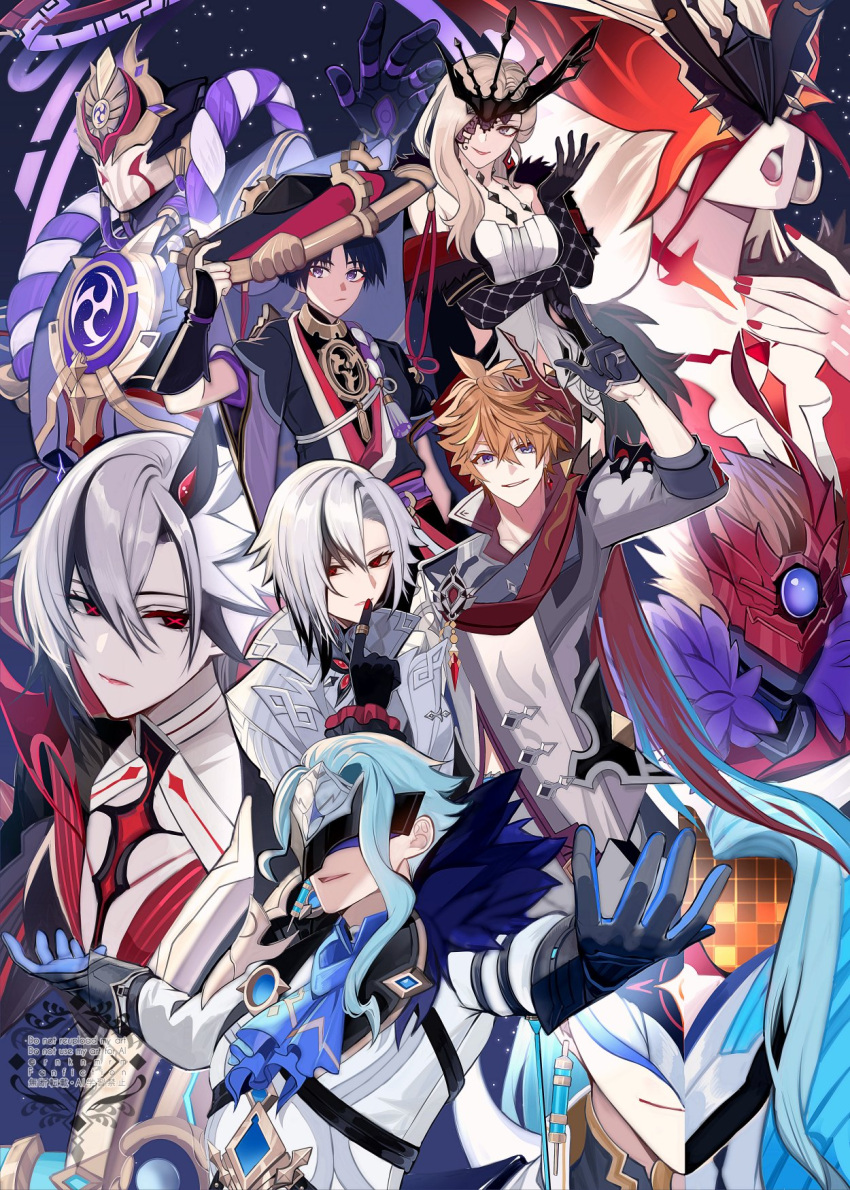 4boys 4girls ahoge arlecchino_(cinder_of_two_worlds'_flames)_(genshin_impact) arlecchino_(genshin_impact) arm_at_side armor ascot bare_shoulders black_background black_bodysuit black_coat black_eyes black_gloves black_hair black_hands black_hat black_kimono black_sleeves blonde_hair blue_gem blue_hair blunt_ends bodysuit breasts chest_jewel closed_mouth coat collared_coat colored_extremities commentary_request contrapposto curtained_hair dottore_(exalted_master_of_the_heretical_path)_(genshin_impact) dottore_(genshin_impact) dottore_(heretic_of_the_false_moon)_(genshin_impact) dress dual_persona elbow_gloves eye_mask eyelashes eyeliner facing_to_the_side facing_viewer feather-trimmed_coat finger_to_mouth frilled_sleeves frills fur-trimmed_coat fur_trim furisode gem genshin_impact gloves gold gold_ring gold_trim grey_coat grey_eyes grey_sleeves grey_veil hair_over_shoulder half_gloves half_mask hand_up hat hat_tip high_collar highres hiki_yuichi index_finger_raised japanese_armor japanese_clothes jewelry jingasa juban kimono kote kurokote lace_mask large_breasts layered_sleeves long_sidelocks long_sleeves looking_at_viewer makeup mandarin_collar mask mask_on_head mecha medium_hair midriff_peek mitsudomoe_(shape) multicolored_hair multiple_boys multiple_girls neck_ring open_mouth orange_hair outstretched_arms parted_lips purple_ascot purple_eyes purple_gloves purple_rope purple_sash purple_sleeves red_eyeliner red_gem red_hat red_kimono red_lips red_mask red_pupils red_sash red_scarf red_sleeves robot rope sash scaramouche_(genshin_impact) scaramouche_(harbinger)_(genshin_impact) scaramouche_(shouki_no_kami)_(genshin_impact) scarf shimenawa short_sleeves sidelocks signora_(crimson_witch_of_embers)_(genshin_impact) signora_(genshin_impact) single_sode smile spread_arms star_(sky) starry_sky_background strapless strapless_dress streaked_hair symbol-shaped_pupils syringe_earrings tartaglia_(foul_legacy_transformation)_(genshin_impact) tartaglia_(genshin_impact) tassel three-quarter_sleeves tilted_headwear tomoe_(symbol) tsurime two-sided_gloves two-tone_hat veil watermark white_coat white_dress white_kimono white_mouth white_rope white_sleeves x-shaped_pupils