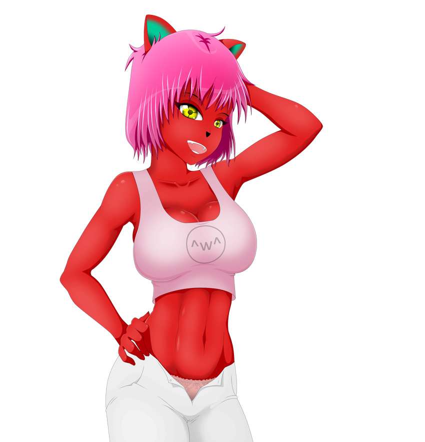 ^w^ alpha_channel animal_ears black_background bra breasts cat cat_ears catgirl feline female fit goldenjessy hair large mammal maria panties pink_hair plain_background red_skin smiley solo transparent_background underwear yellow_eyes