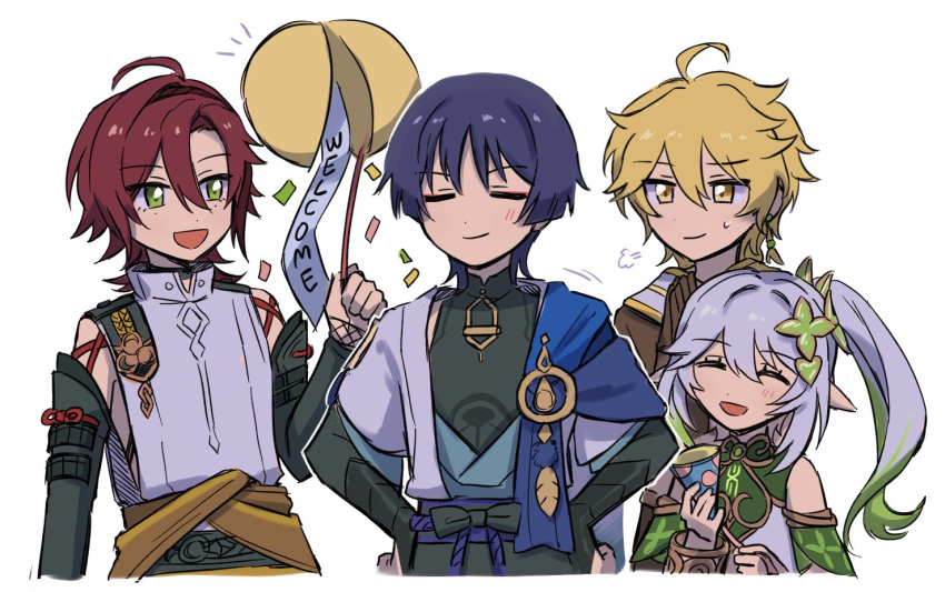 1girl 3boys aether_(genshin_impact) ahoge armlet armor arms_at_sides black_bodysuit black_bow black_bridal_gauntlets black_hair black_sleeves blonde_hair blue_cape blue_kimono blue_sleeves blunt_ends bodysuit bow bracelet bridal_gauntlets brown_shirt cape choppy_bangs closed_eyes closed_mouth clothing_cutout colored_tips confetti crop_top cropped_shirt cropped_torso curtained_hair detached_sleeves dress earrings eyelashes eyeliner facing_another facing_viewer feather_earrings feathers fishnet_sleeves fishnets genshin_impact gold_armlet gold_bracelet gold_trim green_eyes green_hair green_sleeves hair_between_eyes hair_intakes hairband hand_up height_difference holding holding_party_popper japanese_armor japanese_clothes jewelry juban kimono kote kurokote layered_sleeves light_blush long_hair looking_at_another makeup mandarin_collar multicolored_hair multiple_boys nahida_(genshin_impact) notice_lines open_clothes open_kimono open_mouth own_hands_together palms_together party_popper pom_pom_(clothes) puff_of_air purple_rope purple_sash red_eyeliner red_hair red_hairband rope sash scaramouche_(genshin_impact) scarf sh1osatou shikanoin_heizou shirt short_sleeves shoulder_peek side_cape side_cutout side_ponytail sidelocks smile sweatdrop wanderer_(genshin_impact) white_background white_dress white_hair white_kimono white_scarf white_shirt white_sleeves yellow_eyes yellow_feathers