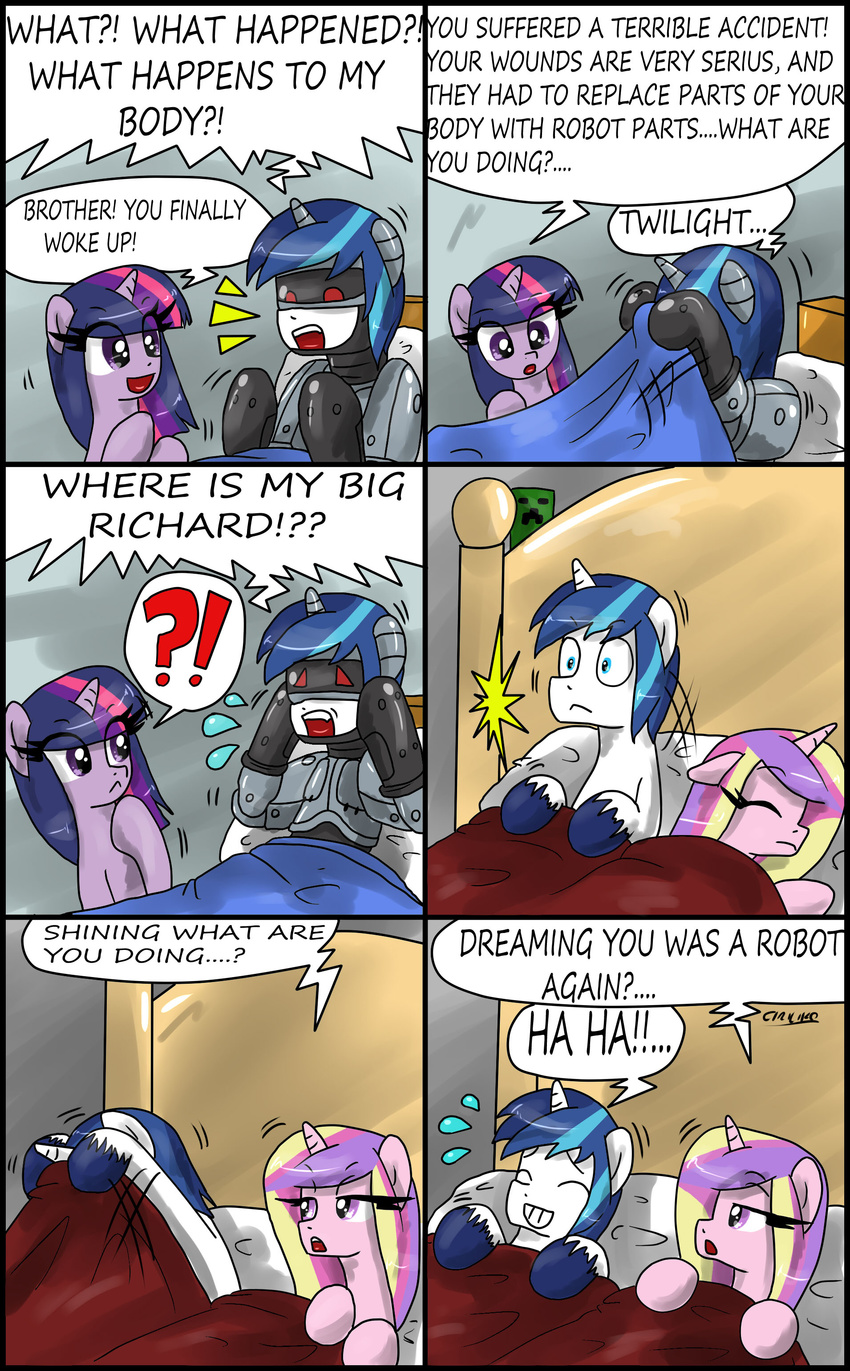 ?! bed blue_eyes ciriliko comic couple creeper dialog dialogue english_text equine female feral friendship_is_magic hair horn horse machine male mammal mechanical minecraft multi-colored_hair my_little_pony pony princess_cadance_(mlp) purple_eyes red_eyes robocop robot shining_armor_(mlp) text twilight_sparkle_(mlp) unicorn video_games