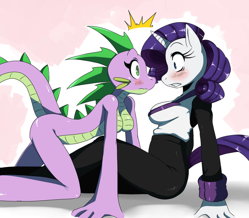 anthro anthrofied blue_eyes blush breasts clothing crossgender dragon duo equine eye_contact female friendship_is_magic green_eyes hair horn horse mammal my_little_pony nude pony purple_hair rarity_(mlp) scalie shaded spike_(mlp) sssonic2 unicorn