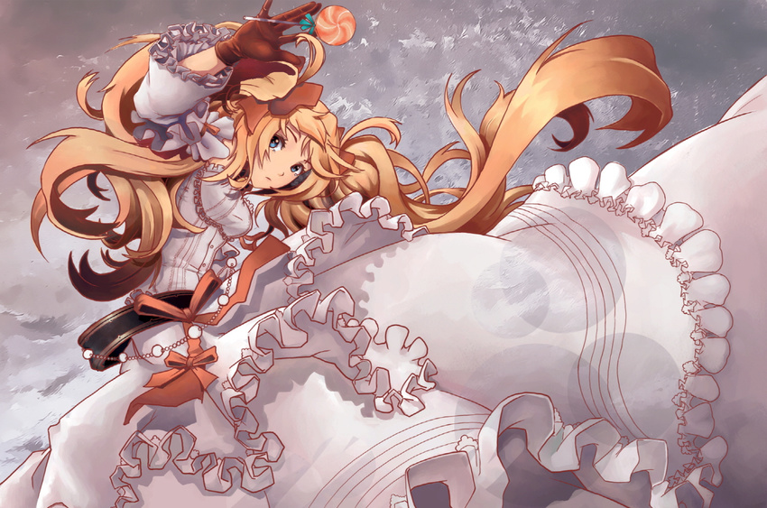 arm_up blue_eyes bow candy dress food frilled_dress frills gloves isfeldt lollipop long_hair loosteicia orange_hair ribbon solo sword_girls very_long_hair wavy_hair