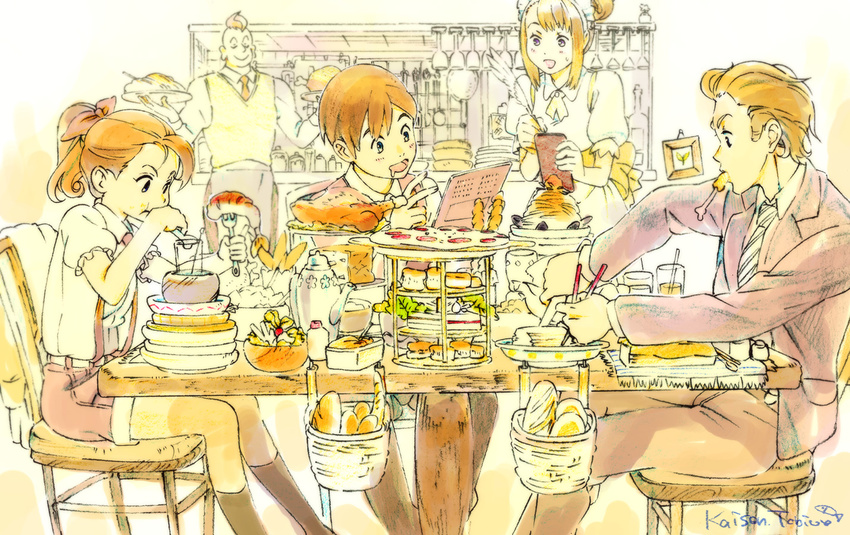 3boys bad_id bad_pixiv_id baguette bread chair chicken_(food) chopsticks dish eating food fork formal glass hungry menu mouth_hold multiple_boys multiple_girls original pale_color pizza plate ponytail restaurant salad sandwich scone sitting suit table umishima_senbon waiter waitress