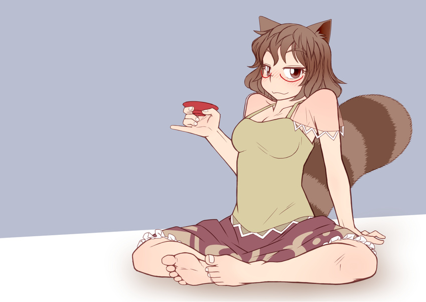 animal_ears arm_support barefoot blush breasts brown_eyes brown_hair butterfly_sitting cleavage cup feet futatsuiwa_mamizou glasses iromeki_overdrive large_breasts looking_at_viewer raccoon_ears raccoon_tail sakazuki short_hair sitting smile soles solo tail toenails toes touhou