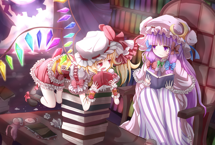 bad_anatomy bad_hands blonde_hair book bookshelf bow chair crescent embellished_costume fang flandre_scarlet haru_ion hat highres library long_hair multiple_girls patchouli_knowledge purple_eyes reading red_eyes short_hair side_ponytail simple_background touhou very_long_hair voile wings wrist_cuffs