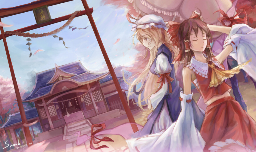 artist_name ascot bad_id bad_pixiv_id blonde_hair bow brown_hair closed_eyes dated detached_sleeves dress hair_bow hair_tubes hakurei_reimu hat long_hair midriff multiple_girls navel red_dress sarashi shrine spark_(sandro) torii touhou umbrella yakumo_yukari