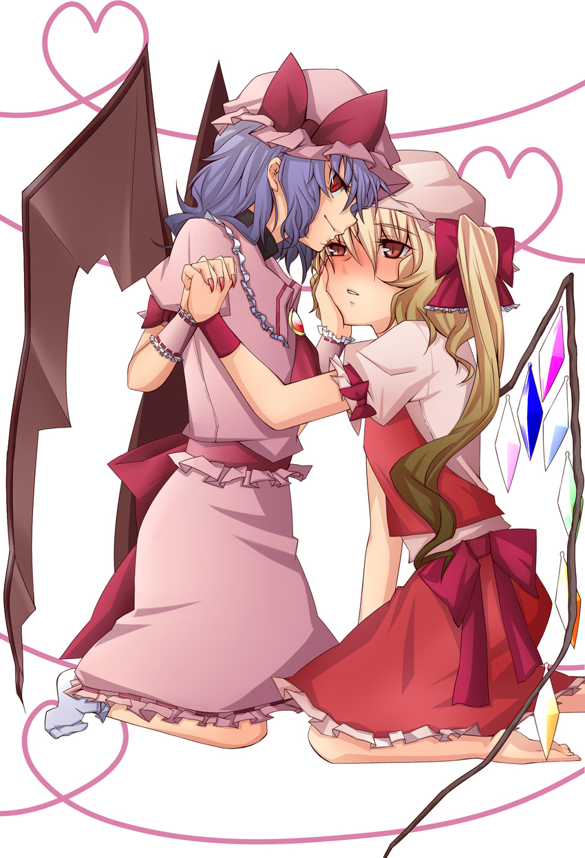 absurdres bad_feet barefoot bat_wings blonde_hair blue_hair blush flandre_scarlet hat heart highres holding_hands long_hair multiple_girls red_eyes remilia_scarlet shinsei_(easycross1226) short_hair siblings side_ponytail sisters slit_pupils smile socks touhou wings yuri