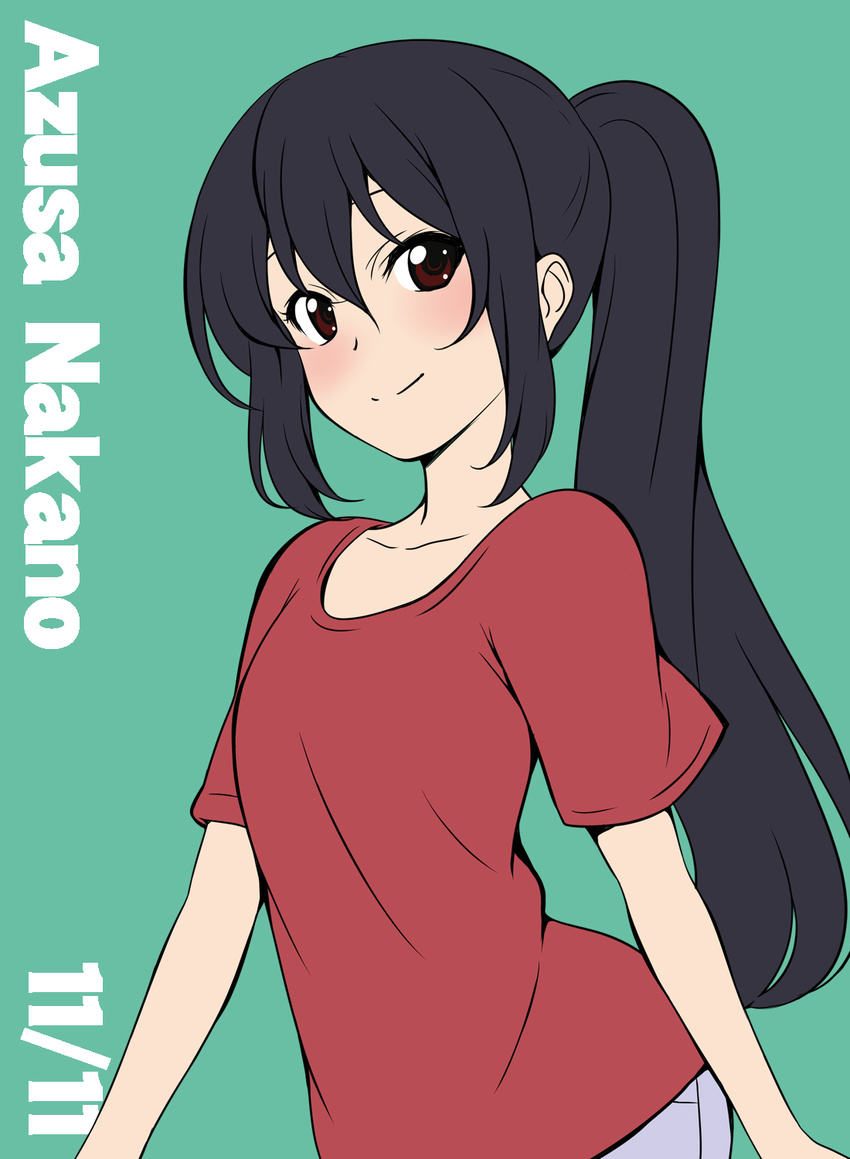 alternate_hairstyle black_hair blush character_name collarbone dated green_background highres ikari_manatsu k-on! long_hair looking_at_viewer nakano_azusa ponytail red_eyes simple_background smile solo