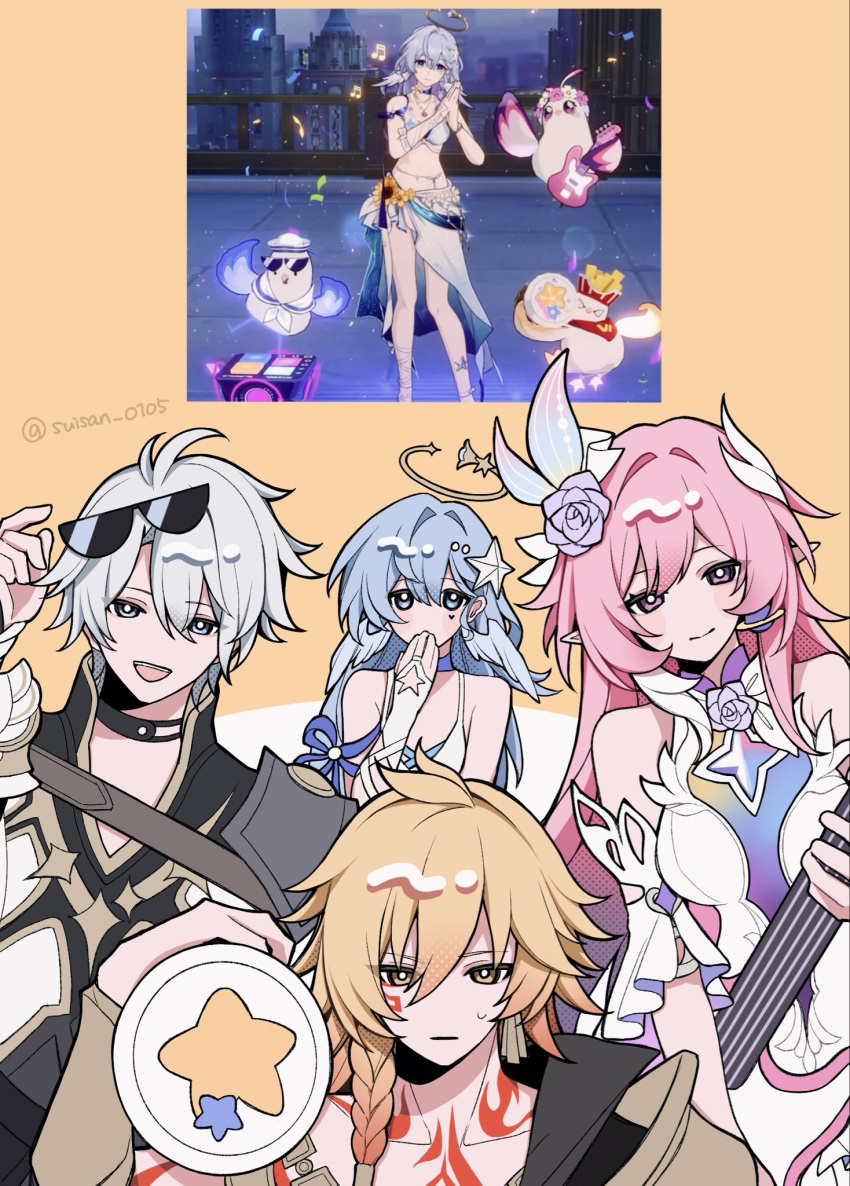 2boys 2girls bikini blonde_hair blue_eyes blue_hair breasts chest_tattoo commentary_request cyrene_(demiurge)_(honkai:_star_rail) cyrene_(honkai:_star_rail) diamond-shaped_pupils diamond_(shape) dress electric_guitar eyewear_on_head flower game_screenshot_inset guitar hair_flower hair_ornament halo head_wings highres holding holding_guitar holding_instrument honkai:_star_rail honkai_(series) instrument long_hair looking_at_viewer medium_breasts multiple_boys multiple_girls mydei_(honkai:_star_rail) phainon_(honkai:_star_rail) pink_hair pointy_ears purple_eyes red_tattoo robin_(honkai:_star_rail) robin_(summeretto)_(honkai:_star_rail) screenshot_inset short_hair smile suisan_0105 sunglasses swimsuit symbol-shaped_pupils tattoo very_long_hair white_bikini white_dress white_hair white_wings wings yellow_background