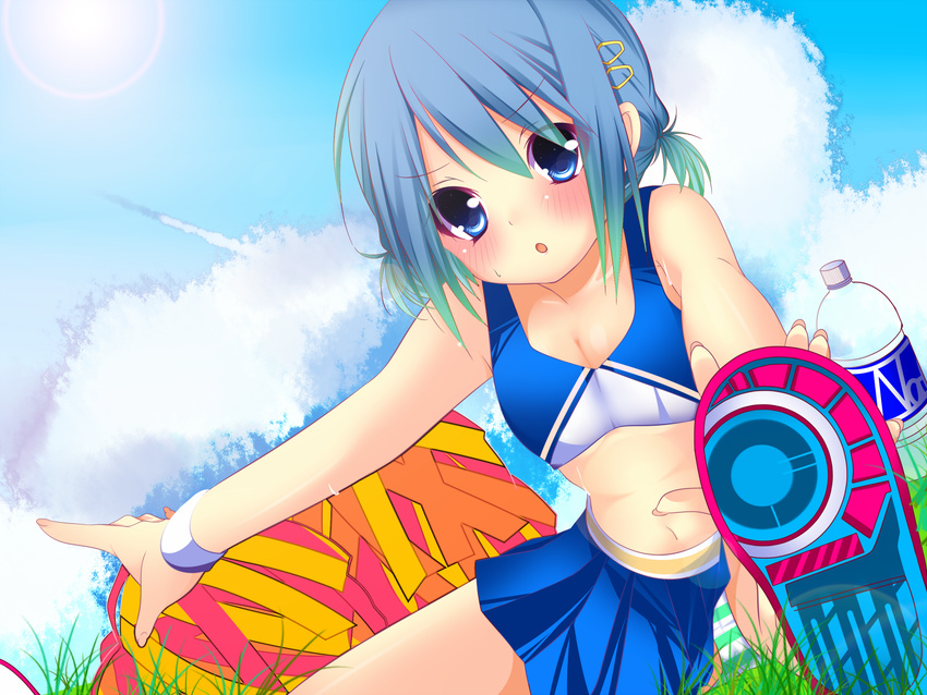 alternate_hairstyle bad_id bad_pixiv_id blue_eyes blue_hair bottle cheerleader cloud day foreshortening hair_ornament hairclip haruta_(806060) mahou_shoujo_madoka_magica midriff miki_sayaka navel panties pantyshot pom_poms shoes short_hair short_twintails sky solo stretch striped striped_panties sweat twintails underwear water_bottle wristband
