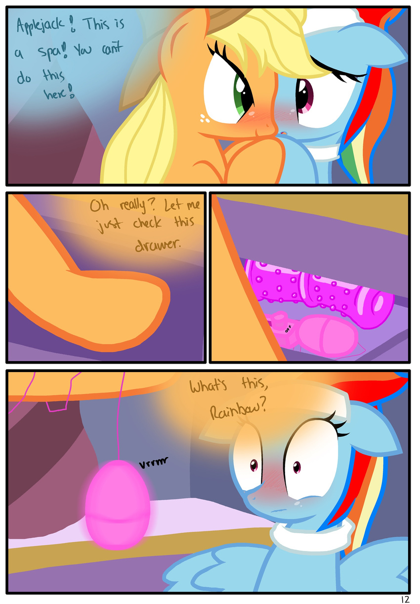 blonde_hair blush comic cowboy_hat dialog dialogue dildo duo english_text equine eye_contact female feral freckles friendship_is_magic green_eyes hair hat headband horse lesbian mammal multi-colored_hair my_little_pony pegasus pony purple_eyes pyruvate rainbow_dash_(mlp) saliva sex_toy text tongue tongue_out vibrator wings