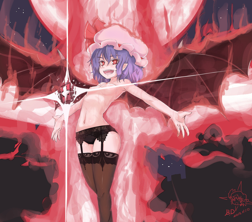 b.d bat_wings black_legwear black_panties breasts dated fangs garter_belt hat highres lingerie navel nipples open_mouth outstretched_arms panties pointy_ears purple_hair red_eyes remilia_scarlet short_hair signature small_breasts solo spell_card spread_arms thighhighs topless touhou underwear underwear_only wings