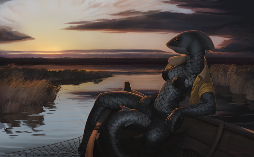 2015 anthro big_nipples bikini boat breasts clothing cloud detailed_background digital_media_(artwork) female fin fish fishnet fishnet_suit grass head_fin jacket lake leaning leaning_back marine nipple_bulge nipples non-mammal_breasts outside resting shark sky solo sunset swimsuit vehicle water zaggatar