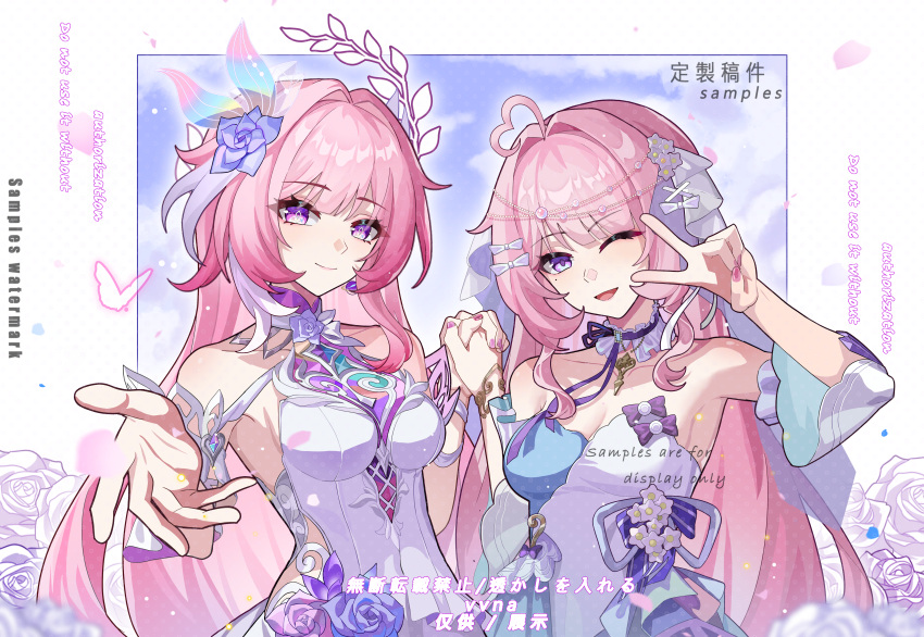 2girls ;) absurdres ahoge breasts cleavage commission cyrene_(demiurge)_(honkai:_star_rail) cyrene_(honkai:_star_rail) diamond-shaped_pupils diamond_(shape) dress heart heart_ahoge highres honkai:_star_rail honkai_(series) interlocked_fingers large_breasts long_hair looking_at_viewer multicolored_hair multiple_girls oc_x_canon one_eye_closed original outstretched_arms pink_hair purple_eyes smile symbol-shaped_pupils two-tone_hair v very_long_hair vvna9 white_dress white_hair