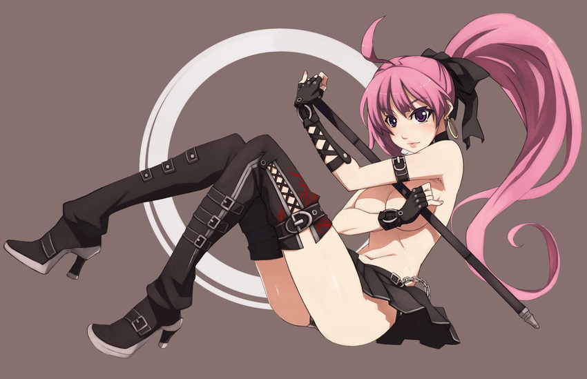 boots breasts choker cleavage covering covering_breasts fingerless_gloves gloves hair_ribbon high_heels highres large_breasts legs long_hair original penguin_caee pink_hair pleated_skirt ponytail purple_eyes ribbon scabbard sheath shoes skirt smile solo sword thigh_boots thigh_strap thighhighs topless weapon