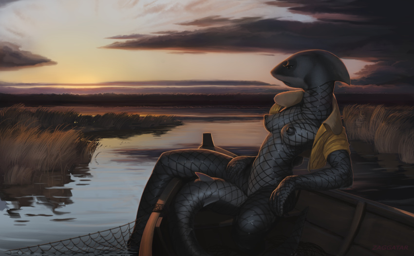 2015 anthro big_nipples boat breasts clothing cloud detailed_background digital_media_(artwork) female fish fishnet fishnet_suit grass jacket lake leaning leaning_back marine mostly_nude nipples non-mammal_breasts outside resting shark solo sunset vehicle water zaggatar
