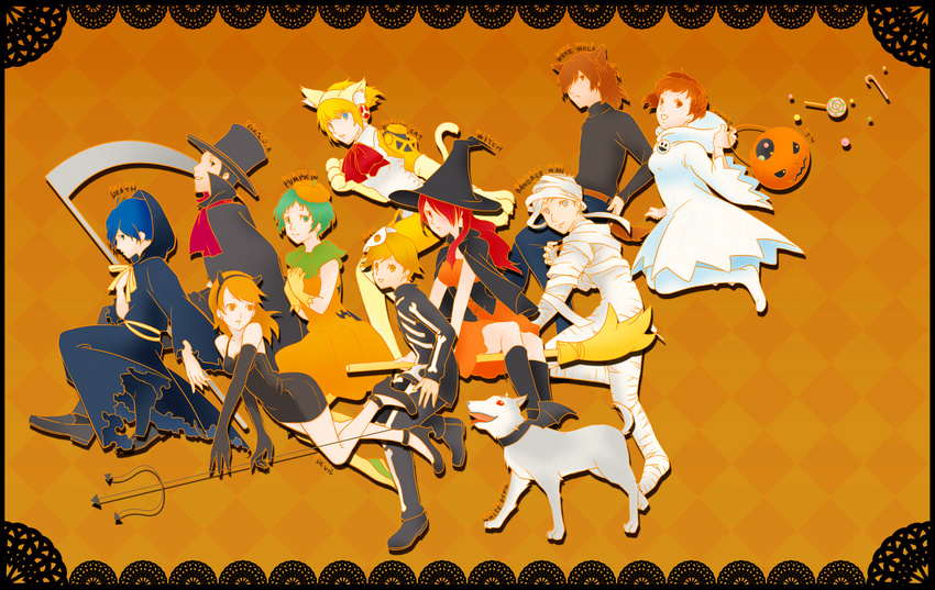 5girls aegis_(persona) amada_ken android animal aqua_hair aragaki_shinjirou bad_id bad_pixiv_id blonde_hair blue_eyes blue_hair bow brown_eyes brown_hair dog female_protagonist_(persona_3) hair_ornament hair_over_one_eye halloween hat headphones highres iori_junpei kirijou_mitsuru koromaru long_hair multiple_boys multiple_girls persona persona_3 red_eyes red_hair robot_joints sanada_akihiko short_hair skirt smile takeba_yukari y0ug0t yamagishi_fuuka yuuki_makoto