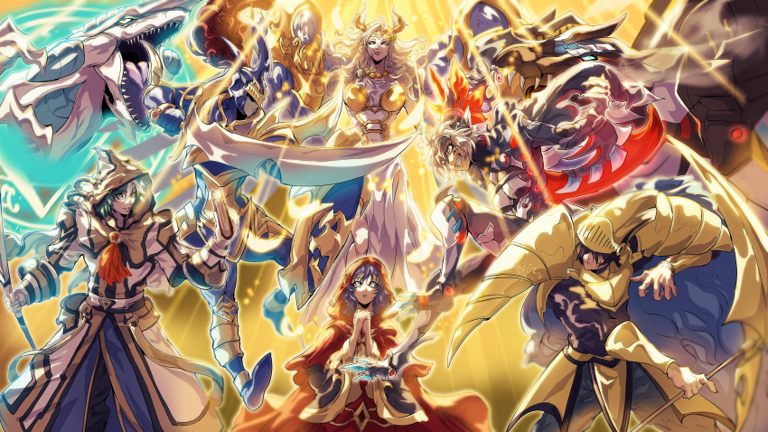 3boys 3girls aleister_(yu-gi-oh!) aleister_the_invoker arm_blade armor black_hair black_luster_soldier blonde_hair bodysuit book commentary dinomorphia_kentregina dinomorphia_rexterm dinosaur dragon duel_monster english_commentary green_hair hair_over_eyes headpiece highres holding holding_book holding_scythe holding_sword holding_weapon hooded_robe horns light_rays lo_the_prayers_of_the_voiceless_voice mage_staff mecha mirage_knight_(yu-gi-oh!) monocle multicolored_hair multiple_boys multiple_girls overlighting praying purple_hair red_robe robe robot saffira_dragon_queen_of_the_voiceless_voice scythe shoulder_armor staff stardust_dragon sunlight sword two-tone_hair vincent_graphic_art weapon white_hair wings yu-gi-oh!